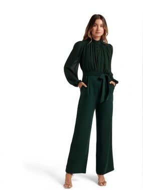 Forever New Dark Green Button-Up Jumpsuit with Self-Tie Waist